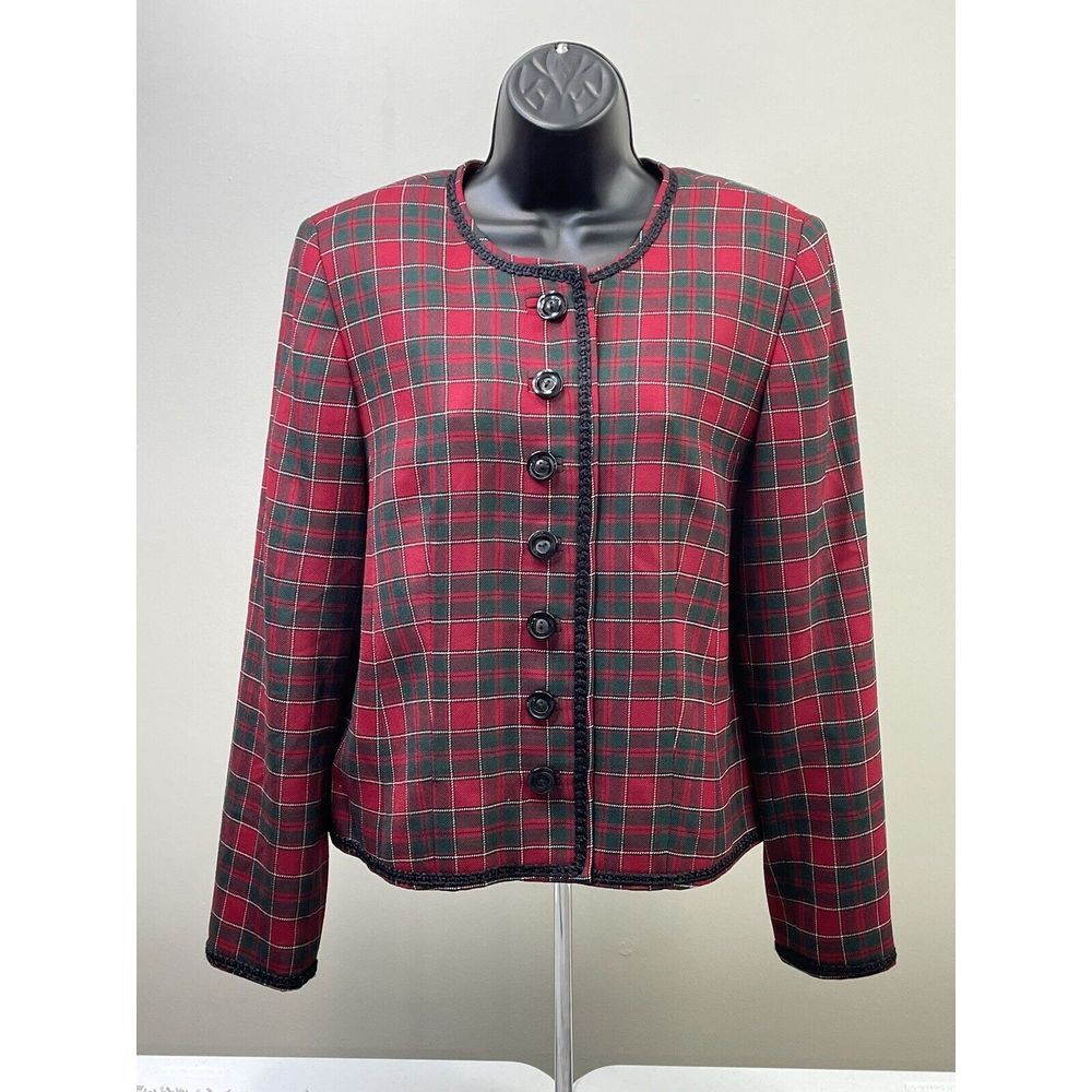 Pendleton Virgin Wool Blazer Women 14 Red Plaid Band Neck Button Front LS